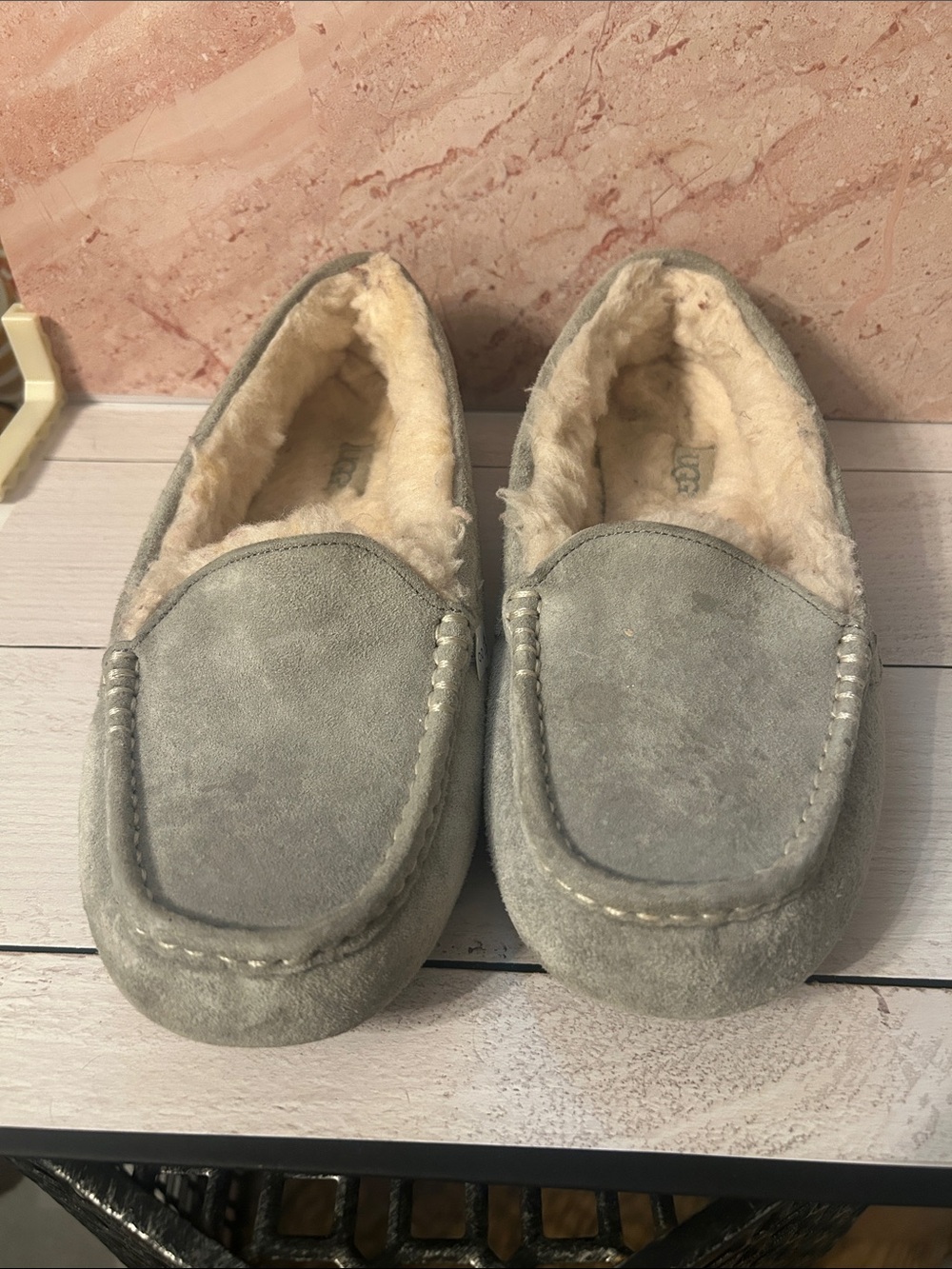 Ugg Gray Suede Moccasin Slippers with Shearling Lining